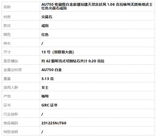 AU750收藏级白金豪镶钻镶天然宫廷风1.06克拉缅甸无烧绝地武士红色尖晶石戒指13号（皆取最大值） 231225HS60 商品图7