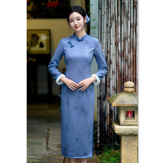 复古中国风麂皮绒加绒长款长袖旗袍新款年轻款旗袍 商品图3