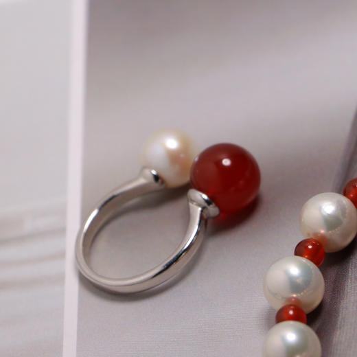 玛瑙+珍珠戒指 10/8mm 精品厚银镶嵌 商品图1
