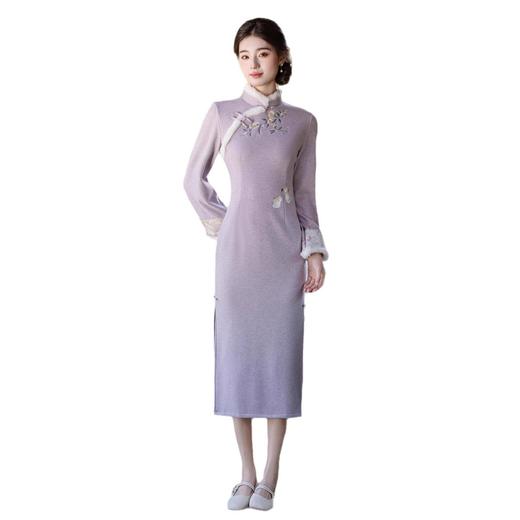 MYJ 13451中式气质改良毛领提花斜襟马甲汉服斜襟立领刺绣旗袍两件套 商品图4