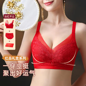 雅黛俪女士内衣内裤套装本命年结婚喜庆大红色性感蕾丝小胸聚拢显大文胸罩三角裤