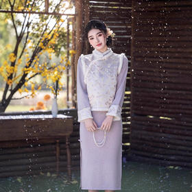 MYJ 13451中式气质改良毛领提花斜襟马甲汉服斜襟立领刺绣旗袍两件套
