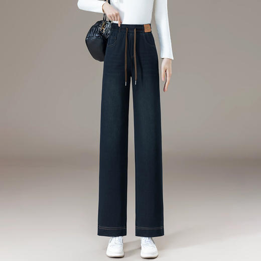 半身缘女裤 冬季保暖松紧腰阔腿裤加厚加绒直筒牛仔裤254202U10120133 商品图2