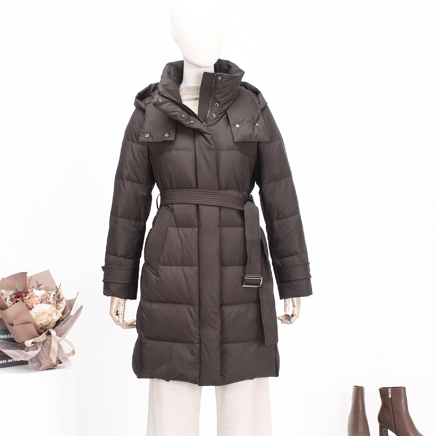 FOCALS新款休闲时尚白鸭绒保暖连帽中长款羽绒服外套FRSDD576K1