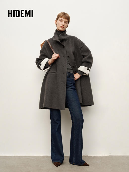 HIDEMI 进口新西兰羊驼毛拉绒做旧感不对称廓形长款大衣 炭灰色 商品图3
