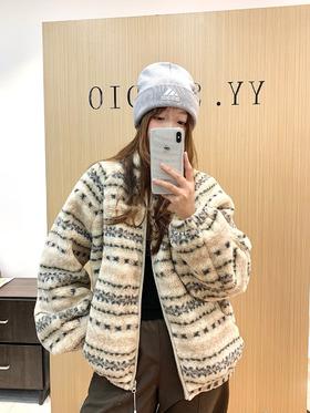 加绒加厚~2025费尔岛提花分割羊羔毛外套女秋冬宽松保暖棉服！