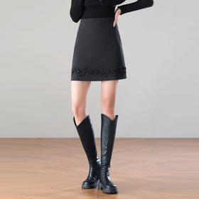「自」全新升级【铂金会员137/天猫179/差价42】(13928)洛诗琳气质花边呢子包臀半身裙2025冬季新款高腰显瘦A字裙