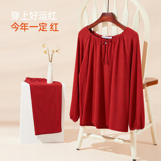 【商场同款】熳洁儿 红品女士家居服圆领套装拉架棉结婚必备喜庆红25703235/25703236 商品图2
