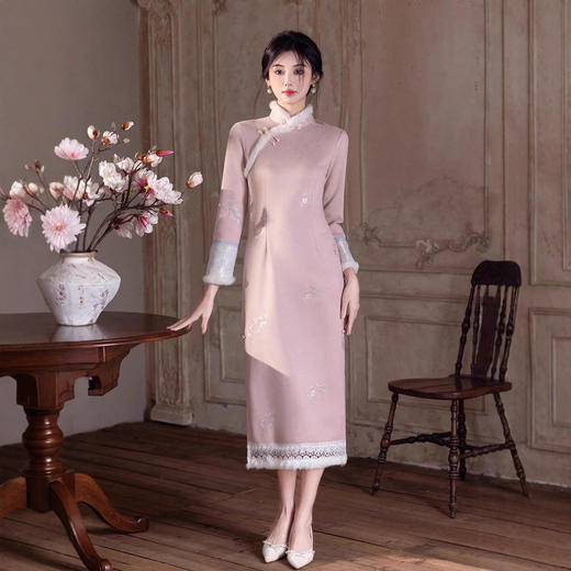 MYJ 新中式温婉显白粉色旗袍马甲套装加绒保暖日常 商品图0
