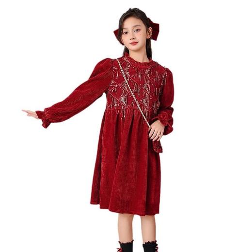 2025新款女童连衣裙流苏亮片冬装红色中大童拜年服公主裙儿童裙子 商品图4