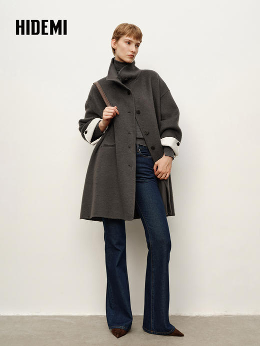 HIDEMI 进口新西兰羊驼毛拉绒做旧感不对称廓形长款大衣 炭灰色 商品图4