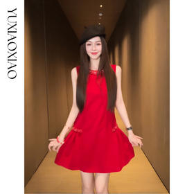 余潇潇【永夜玫瑰】高含量绵羊毛混纺同色系重工珠链圆领无袖连衣裙