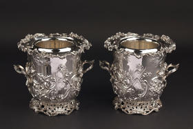 独角鹿西洋古董19世纪初英国顶级银坊Edward Barnard & Sons出品路易十五风格繁华卷叶主题纯银精雕冰酒桶一对