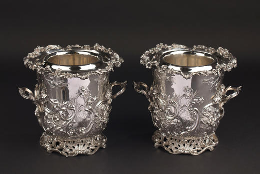独角鹿西洋古董19世纪初英国顶级银坊Edward Barnard & Sons出品路易十五风格繁华卷叶主题纯银精雕冰酒桶一对 商品图0