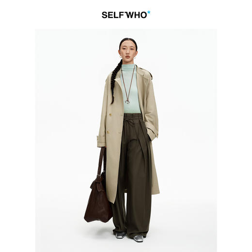 SELFWHO棉醋酸双排扣卡其色风衣外套女2026春新款宽松A摆长款大衣 商品图3