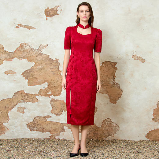 EITIE爱特爱挂脖方领复古开叉暗纹新中式旗袍连衣裙2025春季新款8177802 商品图1