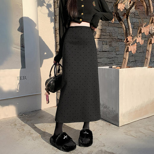 西遇波点毛呢加绒半身裙女冬季新款后开叉中长款直筒a字裙SS051992 商品图3