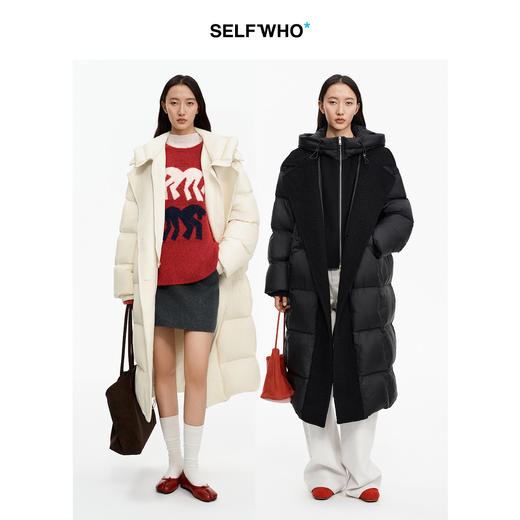 SELFWHO90白鸭绒羊羔绒毛织拼接羽绒服女2025冬新款保暖长款外套 商品图1