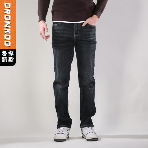 DRONKOO 2025 正常腰左袋刺绣字母皮标一体绒厚牛仔长裤 商品图0