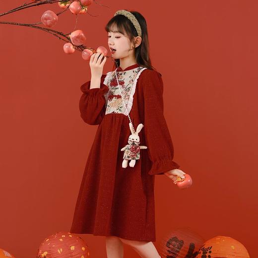 女童冬装年服红色新年主持儿童女孩连衣裙丝绒女中大童喜庆裙子 商品图2