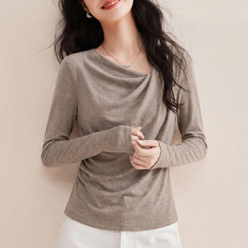 「自j」全新升级【铂金会员119/天猫159/差价40】(01930)洛诗琳气质斜荡领不规则T恤2025早春设计感收腰修身显瘦上衣