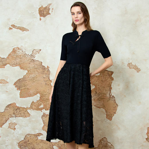 EITIE爱特爱气质新中式立领盘扣显瘦黑色连衣裙2025春季新款8107803 商品图2