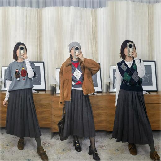 【贝拉推荐】夜间咖啡馆 文艺深灰小格纹百褶裙 精纺羊毛显瘦百搭 橡筋松紧腰头 商品图0