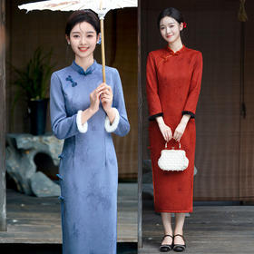 复古中国风麂皮绒加绒长款长袖旗袍新款年轻款旗袍