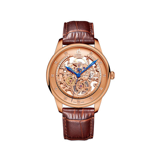 E76401620021014 依波路ERNEST BOREL 【11颗真钻】镀18K玫瑰金镂空表盘皮带自动机械男士手表男 商品图0