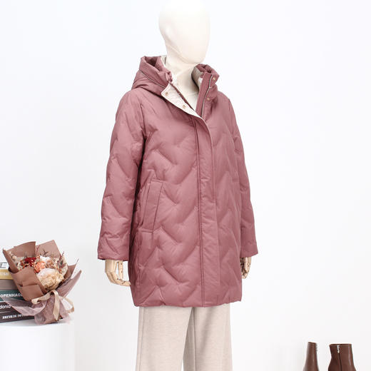 FOCALS新联立领连帽撞色休闲保暖中长款绣花羽绒服FRSDD566PJ 商品图1