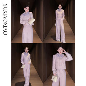 余潇潇【香榭格蕾】绵羊毛棉混纺小香风拼接花边90绒羽绒服&休闲裤