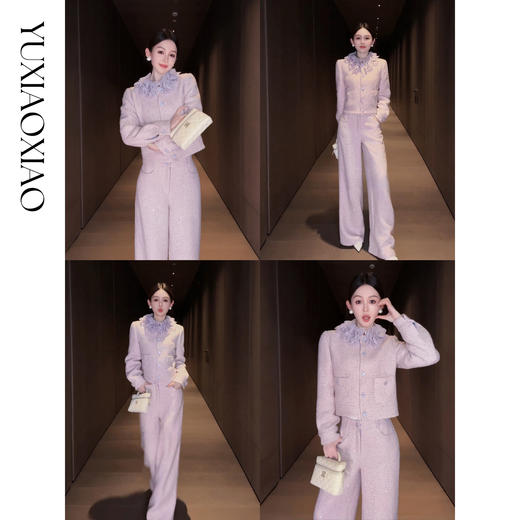 余潇潇【香榭格蕾】绵羊毛棉混纺小香风拼接花边90绒羽绒服&休闲裤 商品图0