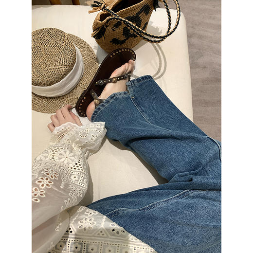 EKOOL衣库 水洗复古高腰牛仔裤女夏季宽松百搭显瘦阔腿直筒长裤子 商品图2