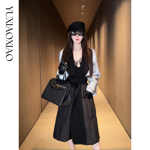 余潇潇【禁忌女王】山羊绒桑蚕丝混纺拼黑十字貂翻领长款水貂羽绒服 商品图3