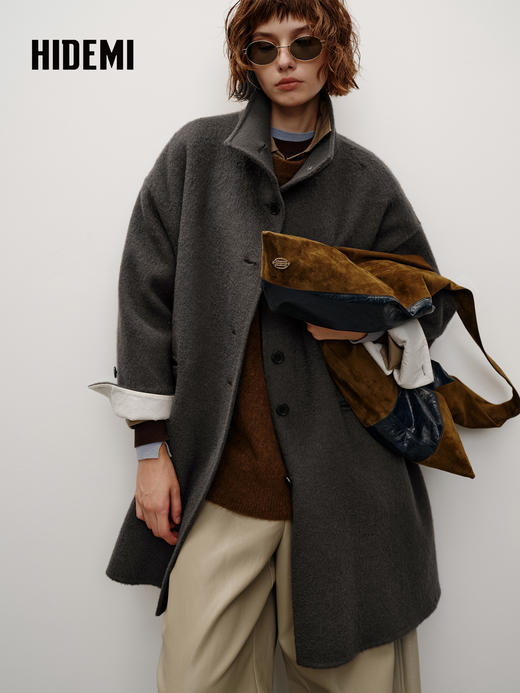 HIDEMI 进口新西兰羊驼毛拉绒做旧感不对称廓形长款大衣 炭灰色 商品图2