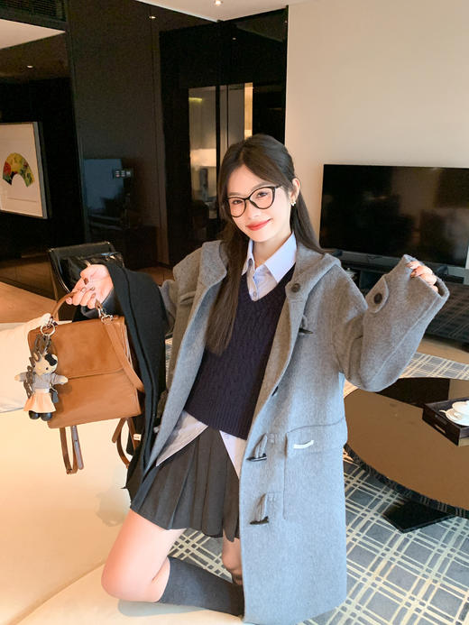 <曾小咸推荐>现货秒杀 ！微信超特价！韩系连帽牛角扣毛呢外套 日常489.99 立减250 秒杀239.99！！ 商品图5