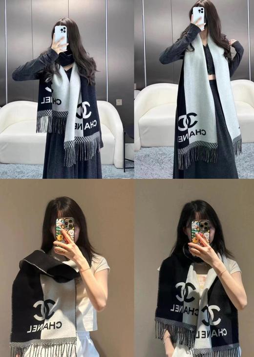 D122606熊猫色黑白双拼双C字母提花羊绒围巾披肩 商品图14