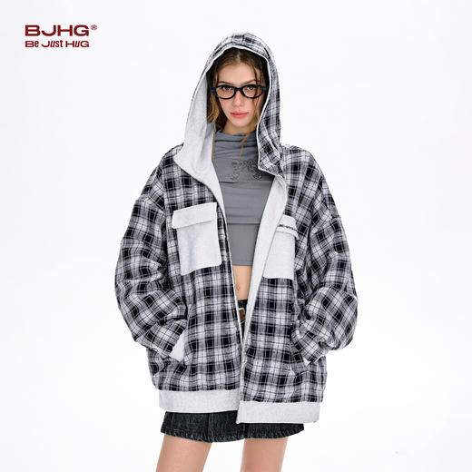 BJHG不计后果双面穿开衫连帽卫衣男款春季美式针织帽衫格纹外套女 商品图2