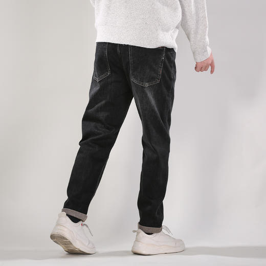 DRONKOO 2025 正常腰表袋右后袋白标绣线一体绒厚牛仔长裤 商品图3