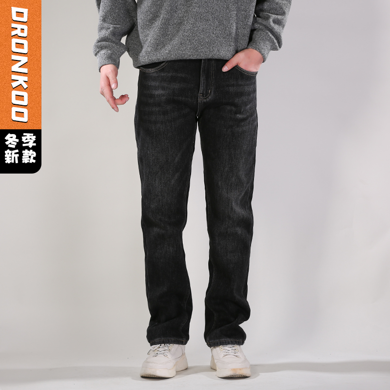 DRONKOO 2025 正常腰表袋右后袋NEW刺绣复合绒厚牛仔长裤