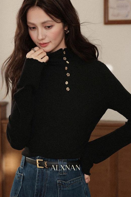 鹿向南「黑松绵绵」法式黑色T恤女秋冬季半高领内搭长袖上衣 商品图5