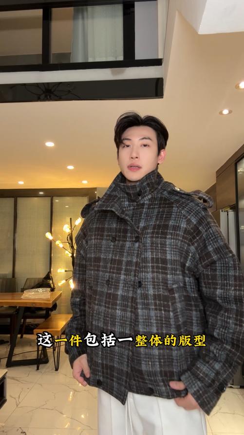 B1318SDSA男士秋冬新款痞帅男装潮牌撞色格纹纽扣立领夹克外套时尚宽松 商品图0