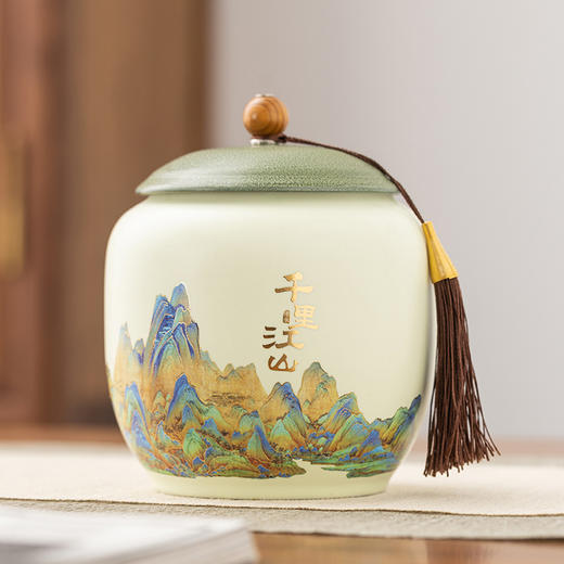 【取茶便捷❗️密封性好】千里江山陶瓷茶叶罐高级家用红茶绿茶密封罐大容量新中式茶叶罐。jb 商品图0