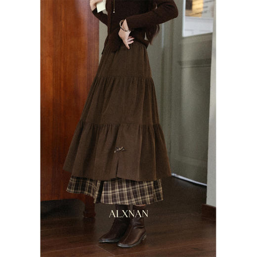 鹿向南「褐咖柔章」美拉德咖色拼接格子长款半身裙女秋伯克利裙子 商品图1