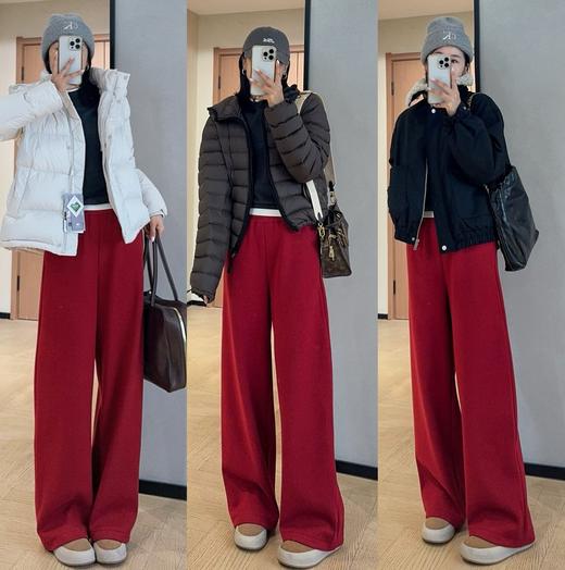 新年团宠糯米棉暗红窄版加厚加绒阔腿直筒裤高腰休闲裤 商品图14