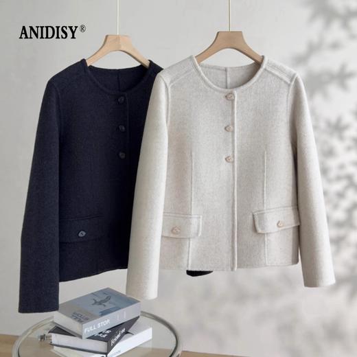 双面羊绒圆领长袖单排扣毛呢外套 商品图0