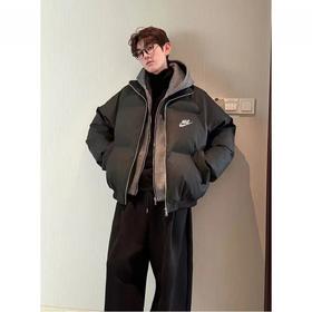 D122619美式设计感假两件PU皮立领加厚羽绒棉服外套男女同款