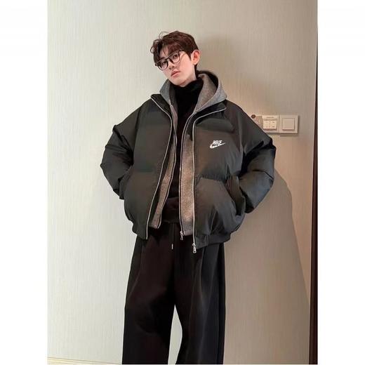 D122619美式设计感假两件PU皮立领加厚羽绒棉服外套男女同款 商品图0