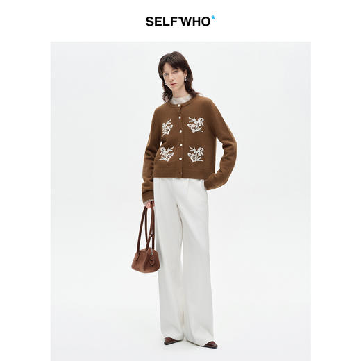 SELFWHO100%进口绵羊毛刺绣花纹针织开衫女2026春季新款圆领毛衣 商品图2