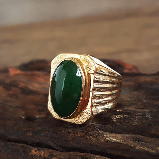 【天然正品】A货翡翠AU750收藏级黄金镶天然细腻糯种满绿蛋面翡翠宽版戒指16.9*10.3MM(皆取最大值)戒圈：24号 171225NJS37 商品图3